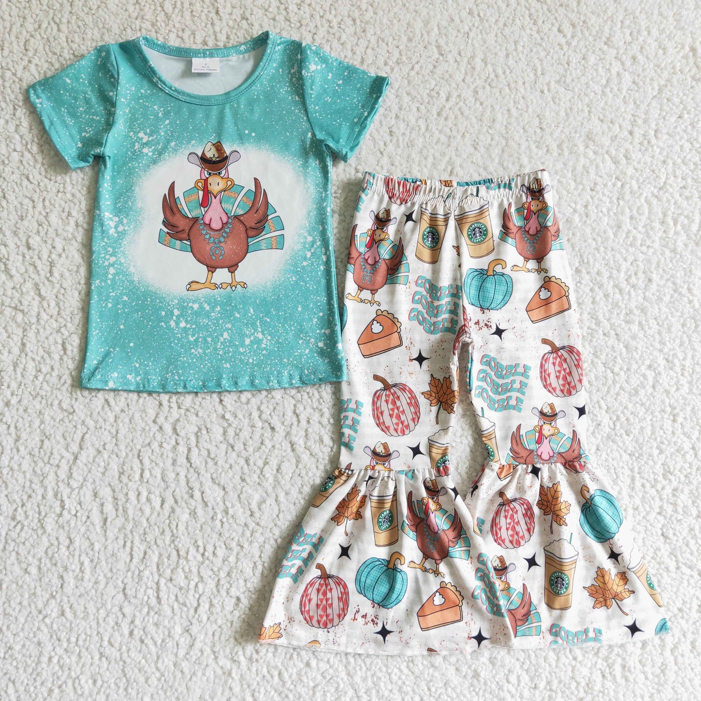 GSPO0195 Turkey Aqua Top Pumpkin Pie Bell Pants Girls Thanksgiving Clothes Set