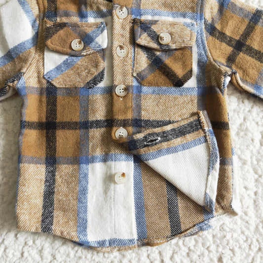 BT0076 Khaki Checkered Print Boys Fall Cotton Pockets Hoodie Top