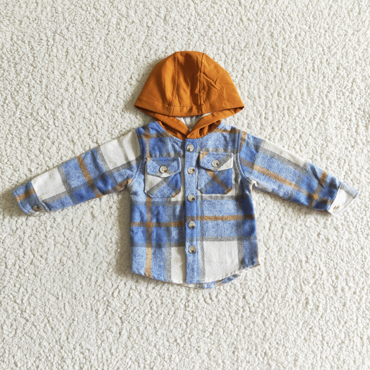 BT0074 Blue Checkered Print Boys Fall Cotton Pockets Hoodie Top