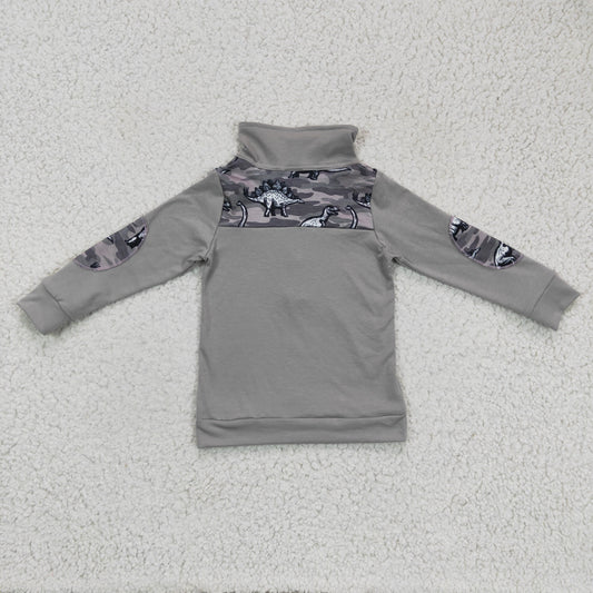 BT0106 Dino Camo Grey Print Boys Long Sleeve Zipper Pullover Top
