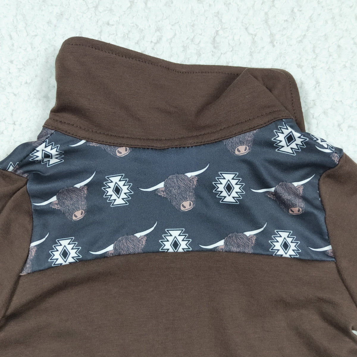 BT0115 Highland Cow Aztec Brown Print Boys Long Sleeve Zipper Pullover Top