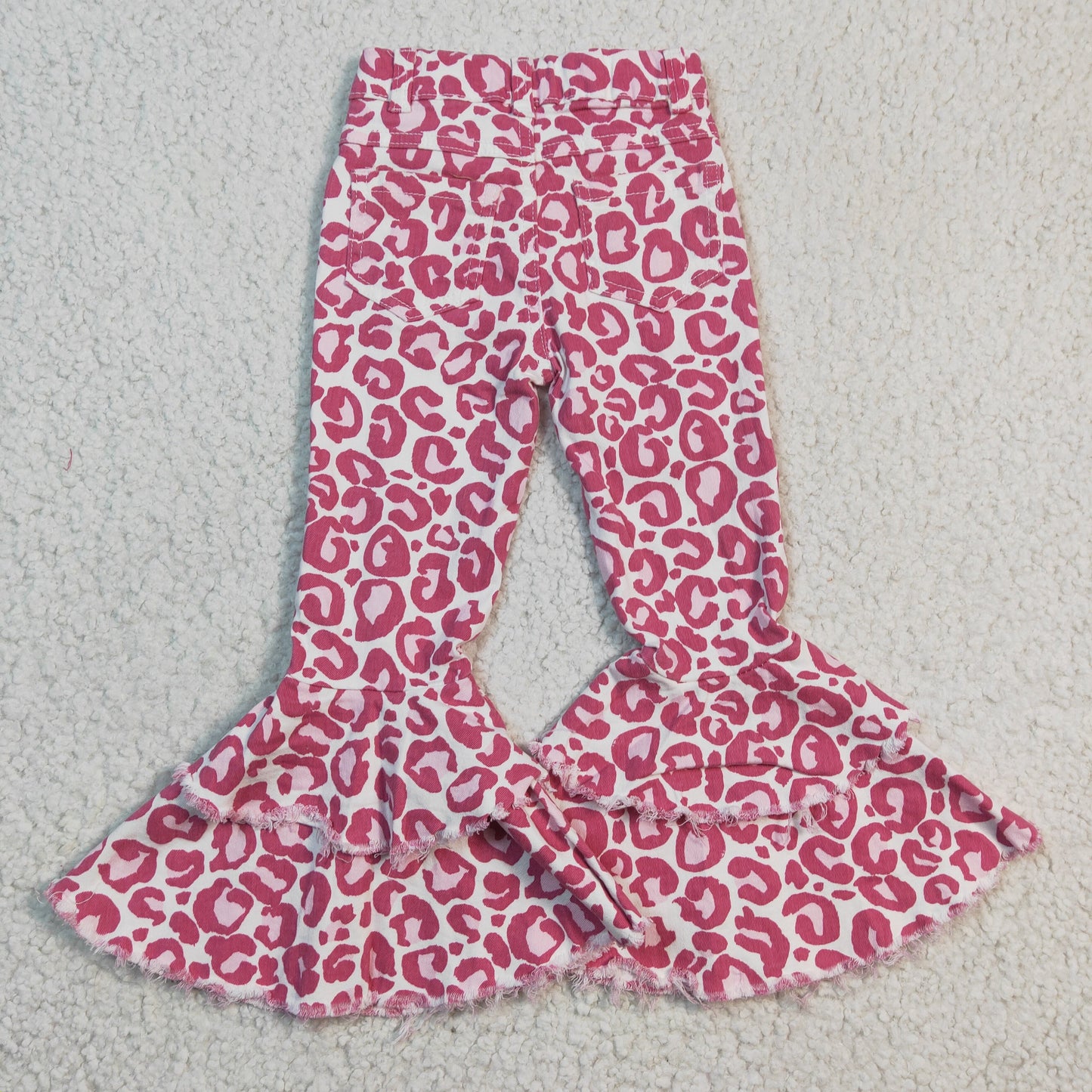 Pink leopard print denim bell bottom jeans P0044