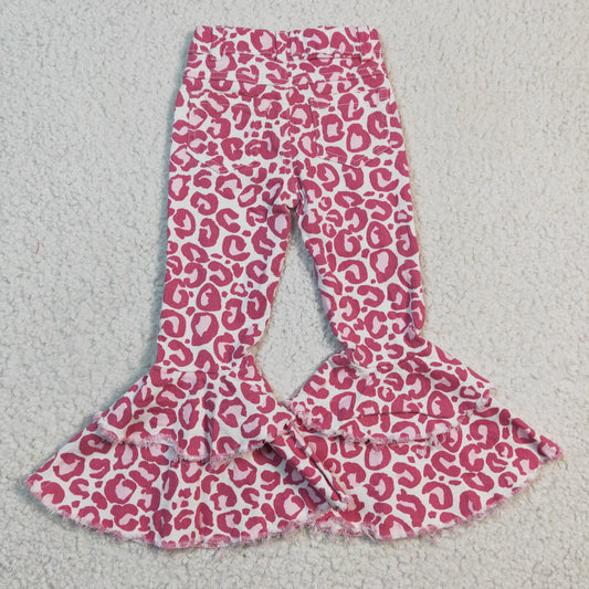 Pink leopard print denim bell bottom jeans P0044