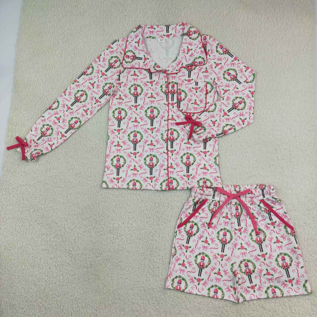Soldier Holly Pink Long Sleeve Top Pockets Shorts Woman Christmas Pajamas Clothes Set