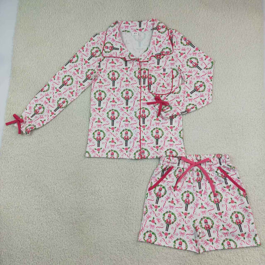 GLS0117 Soldier Holly Pink Long Sleeve Top Pockets Shorts Woman Christmas Pajamas Clothes Set
