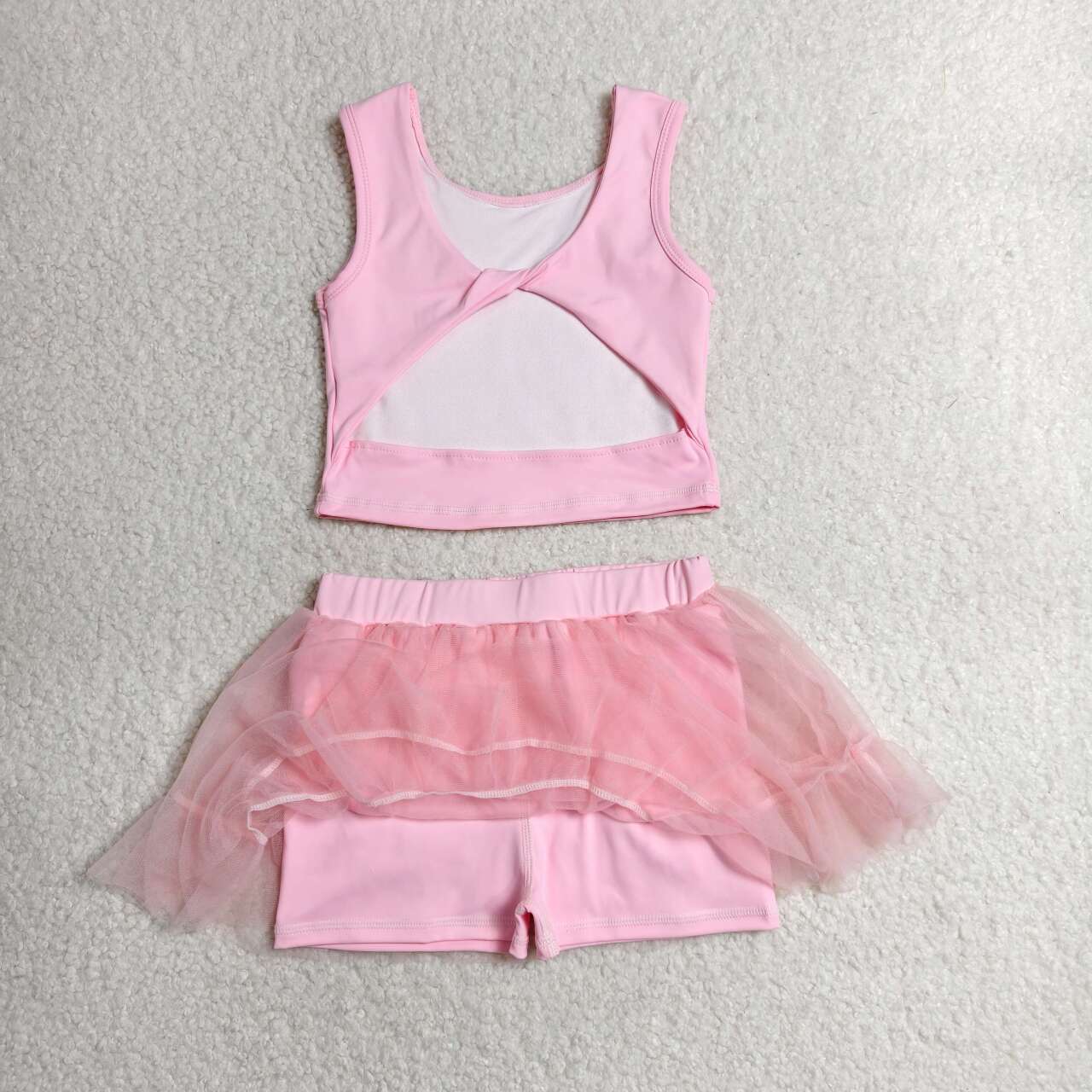 GSD3806 Baby Girls Pink Tank Backless Top Tulle Skirt Shorts Yoga Active Clothes Set