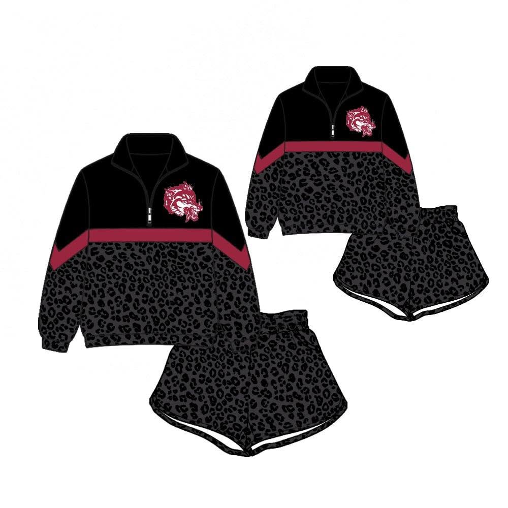 (Custom Design Preorder MOQ 5) Teams Red Dragons Long Sleeve Zipper Top Black Leopard Shorts Mommy and Me Outfits