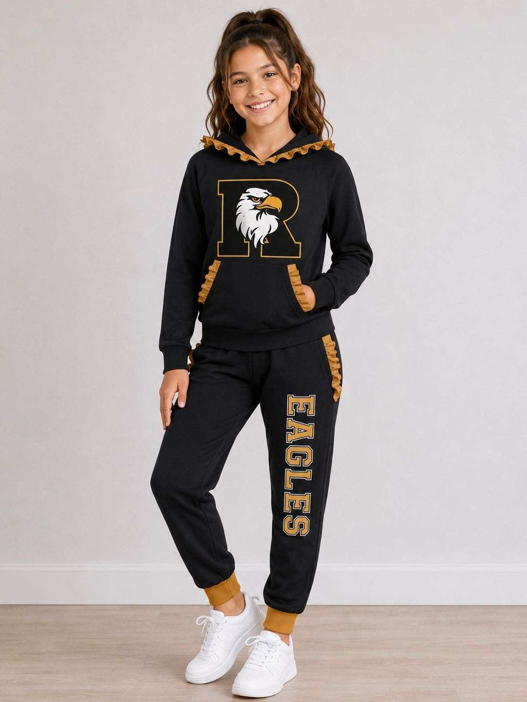 (Custom Design Preorder MOQ 5) Teams Rogers Eagles Black Gold Ruffles Hoodie Top Pockets Joggers Pants Girls Clothes Set