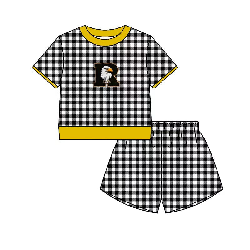 (Custom Design Preorder MOQ 5) Teams Rogers eagles Gold Edge Top Black Checkerd Shorts Mommy and Me Summer Yoga Clothes Set