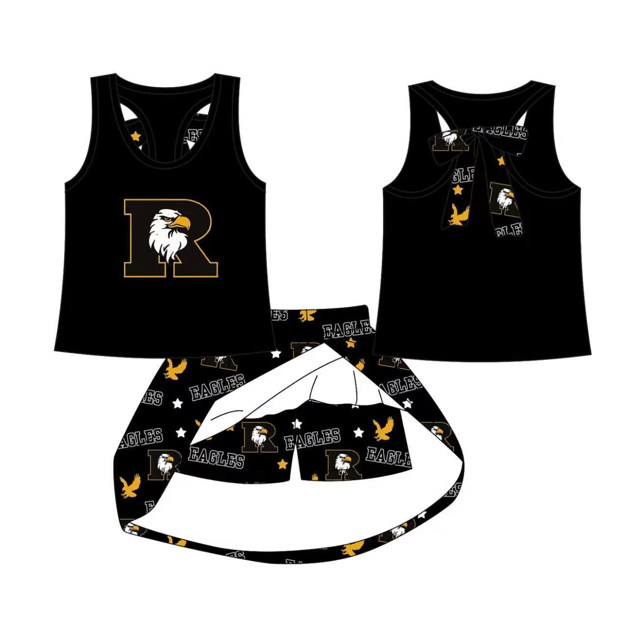 (Custom Design Preorder MOQ 5) Teams Rogers Eagles Black Tank Top Skort Girls Summer Yoga Clothes Set