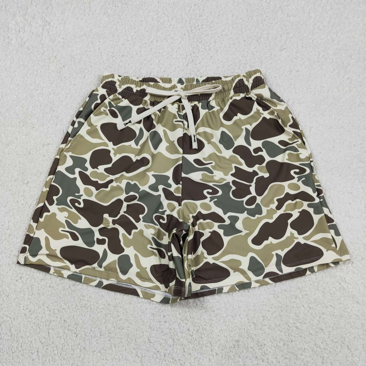 S0474 Green Brown Camo Print Pockets Man Swim Trunks