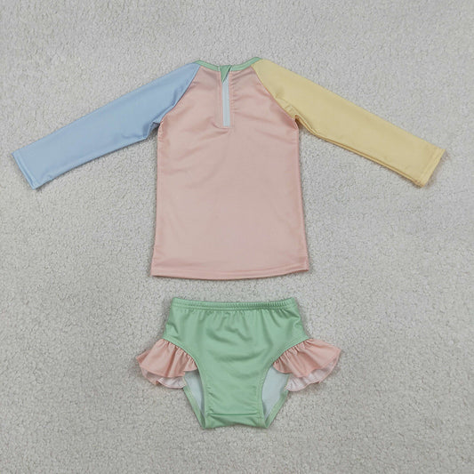 S0637 Patchwork Yellow, Pink & Blue Long Sleeve Zipper Top & Ruffle Shorts Set - Girls’ 2 Pieces Swimsuits