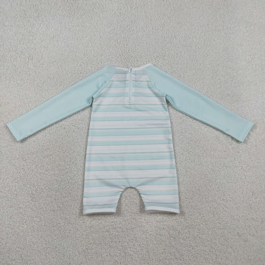 S0650 Boys' Blue Striped Long Sleeve Zipper One-Piece Swimsuit