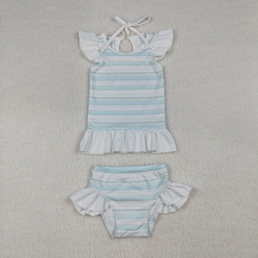 Toddler Girls Ruffle Striped Two Piece Swimsuit, Kids Halter Neck Tankini Bathing Suit