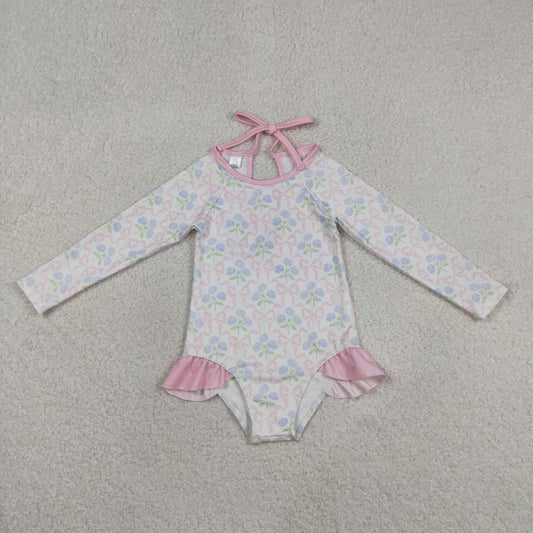 S0655 Baby Girls Small Flowers Bows 1 Piece Long Sleeve Swimsuits