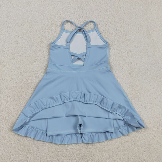 S0713 Blue Girls Summer Strap Shorts Ruffle Knee Length Yoga Dress