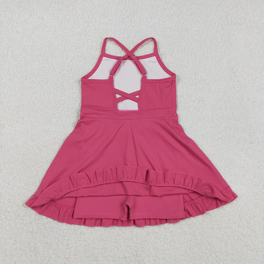 S0727 Hot Pink Girls Summer Strap Shorts Ruffle Knee Length Yoga Dress