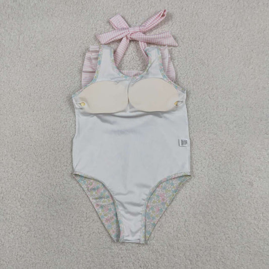 S0732 Baby Girls Pink Small Flowers 1 Piece Ruffle Swimsuits