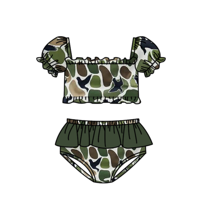 3.11 S0745 Preorder Duck Green Camo Print Ruffle Girls 2 Pieces Puff Sleeves Swimsuits