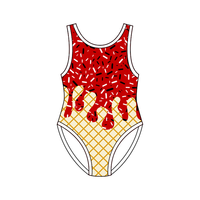 4.8 S0776 Preorder Red Sprinkles Drip Print Girls 1 Piece Swimsuits