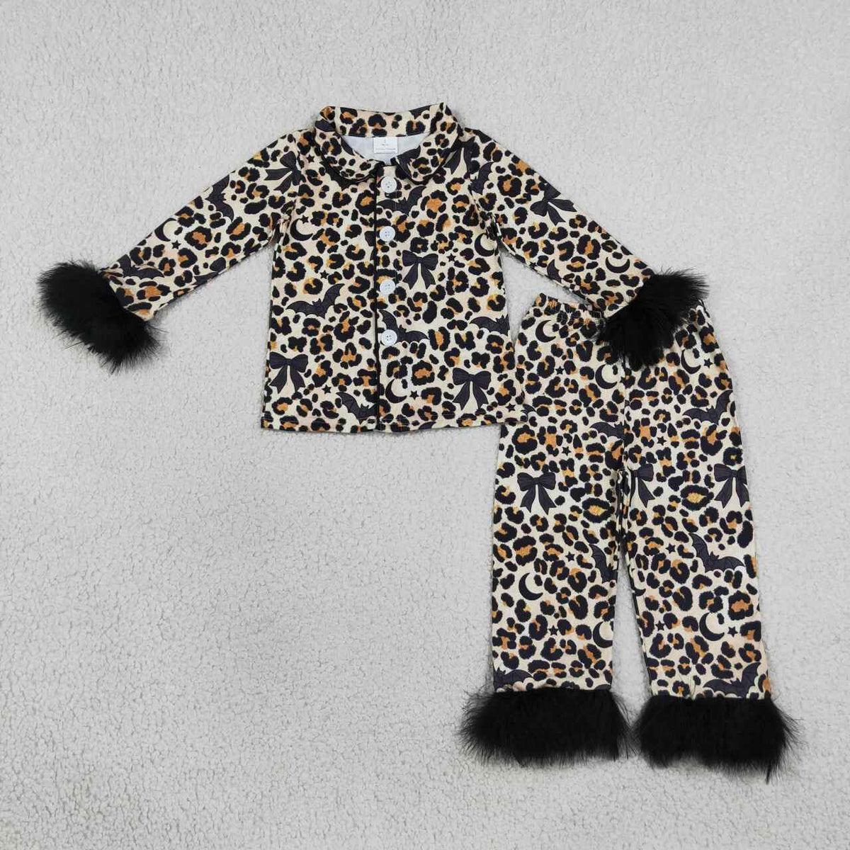 GLP3640 Bat Bows Leopard Print Girls Halloween Fur Buttons Pajamas Clothes Set