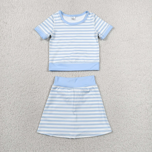 GSD4162 Blue Striped Girls Summer Active Yoga Outfits Short Sleeve & Skort