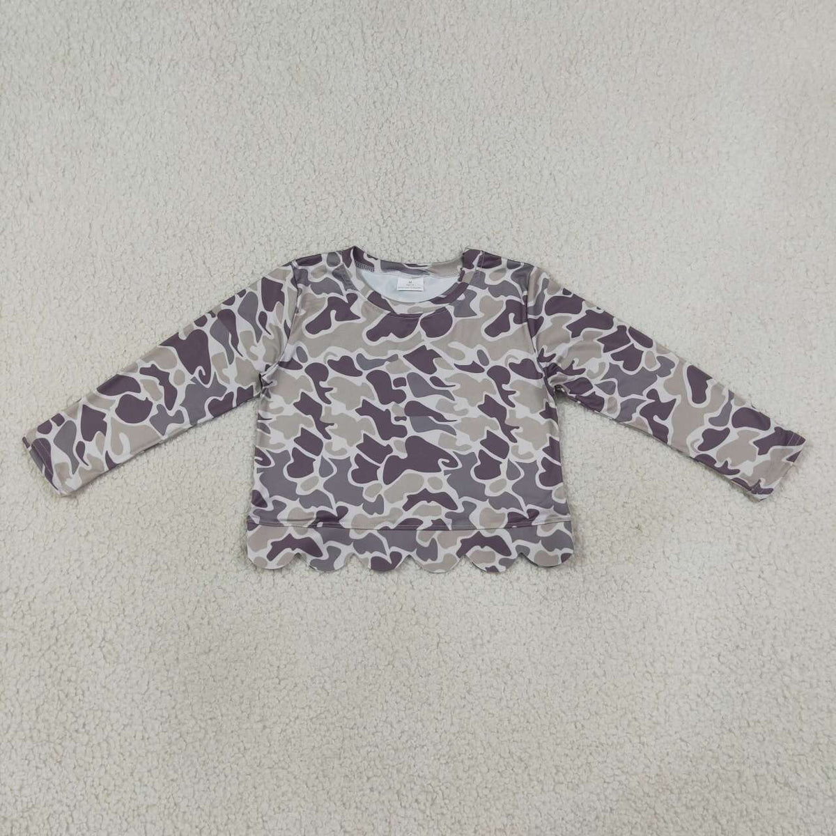 GT1685 Dark Brown Grey Camo Baby Girls Scallop Long Sleeve T-Shirts Top