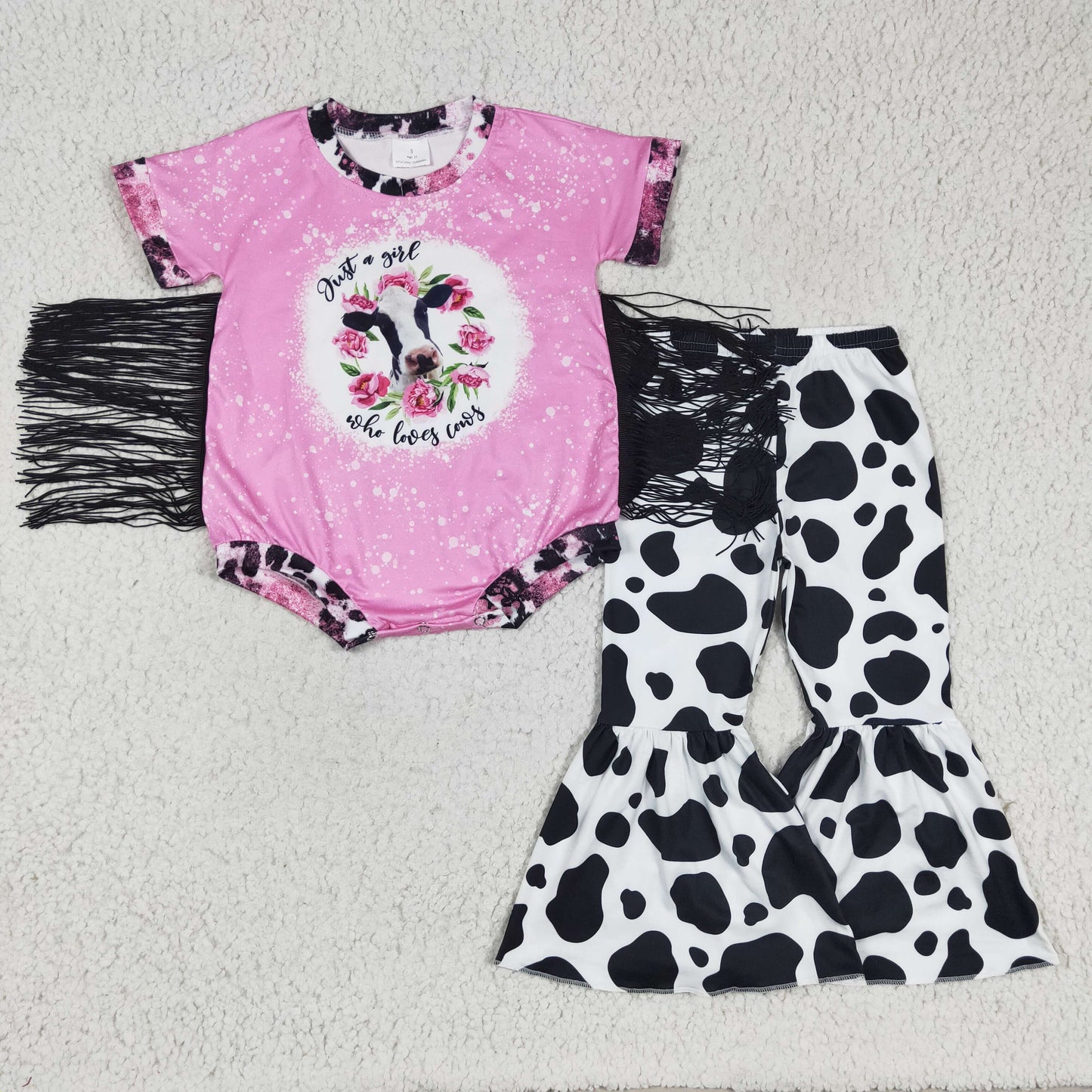 Girls pink cow print tassels romper top and bell bottom pants outfits GSPO0440