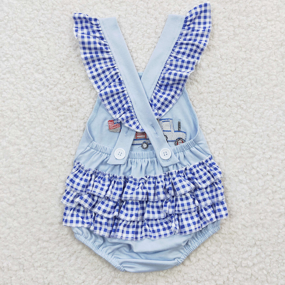 SR0274 Truck Flag Embroidery Baby Girls 4th of July Strap Backless Romper