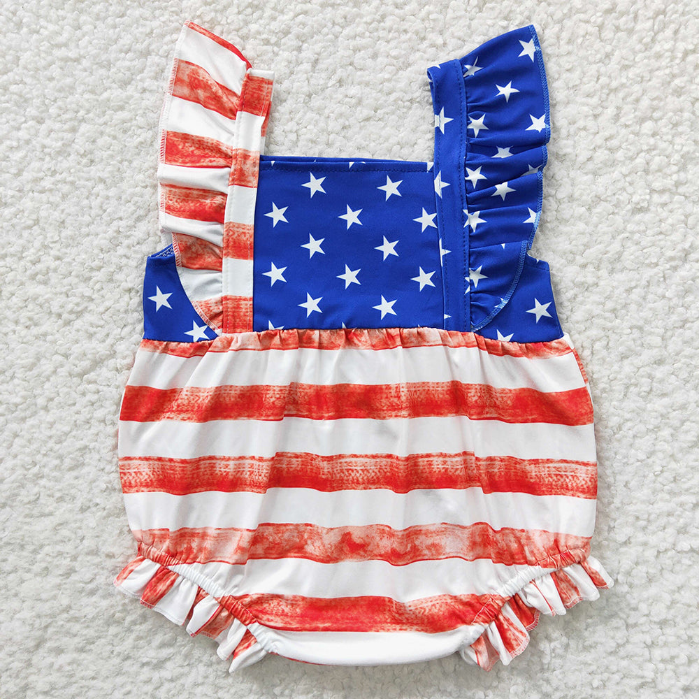 SR0326 Stripes Stars Print Baby Girls 4th of July Romper