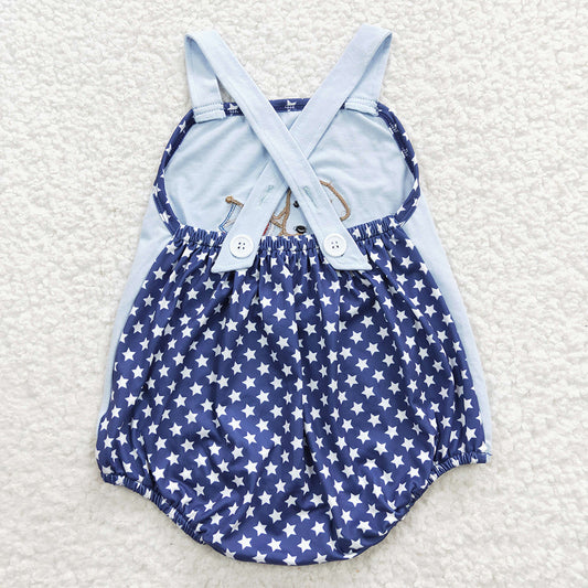 SR0331 Puppy Flag Embroidery Baby Boys 4th of July Strap Backless Romper