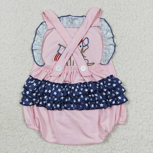 SR0332 Puppy Flag Embroidery Baby Girls 4th of July Strap Backless Romper
