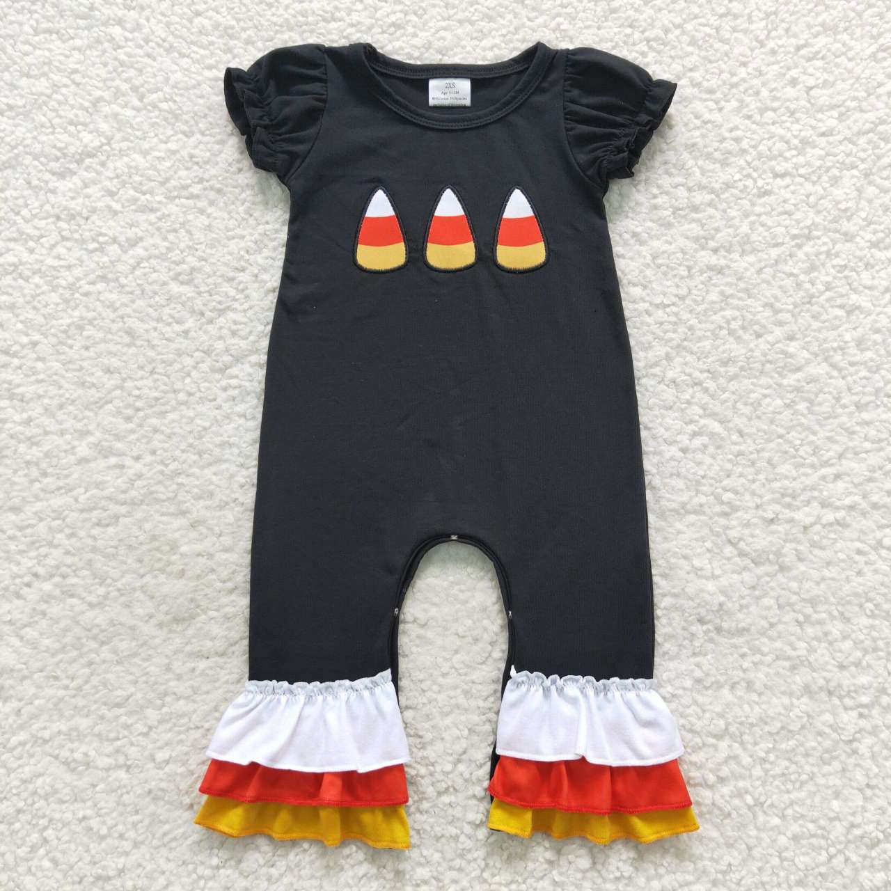 SR0401 Candy Embroidery Black Baby Girls Halloween Ruffle Cotton Romper
