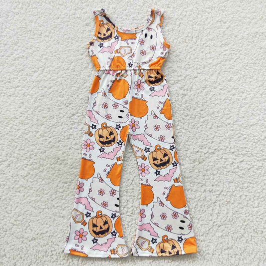 SR0410 Ghost Pumpkin Flowers Print Girls Halloween Jumpsuits