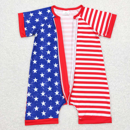 SR0673 Stars Stripes Print Baby 4th of July Zipper Sleeper Romper