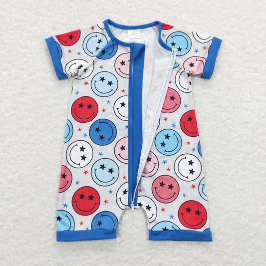 SR0692 Smiling Stars Print Baby 4th of July Zipper Sleeper Romper
