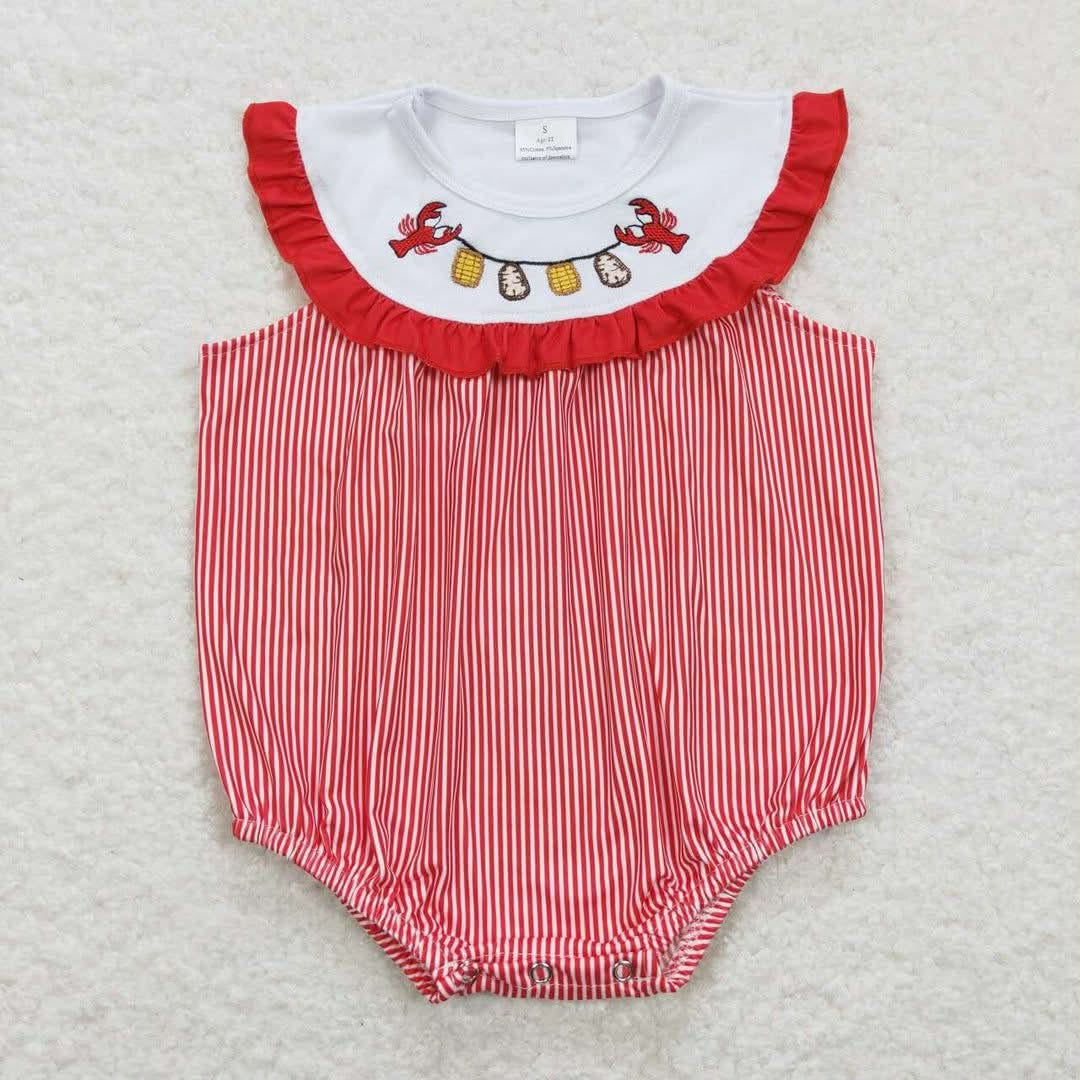 SR0741 Crayfish Embroidery Red Stripes Print Baby Girls Summer Romper
