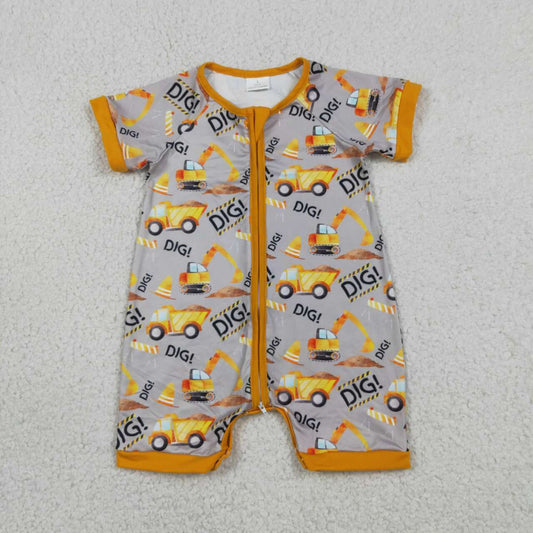 SR0844 Construction Trucks DIG Print Baby Boys Summer Zipper Romper