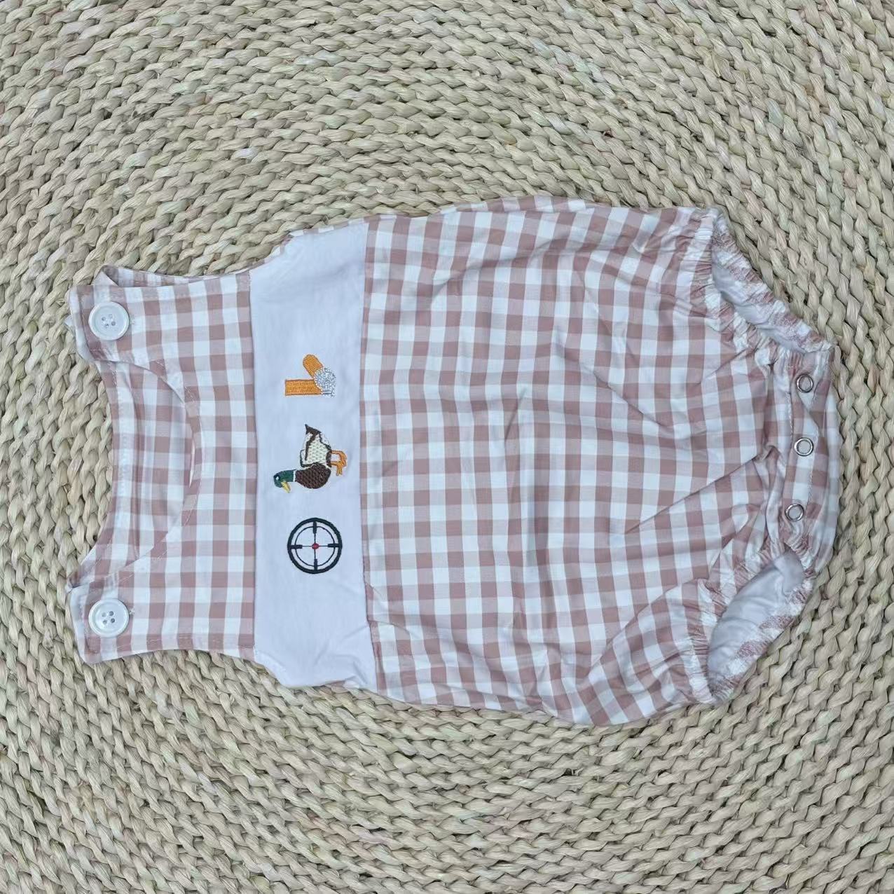 Sibliong Baby Gingham Hunting Duck Embroidery Bubble Romper