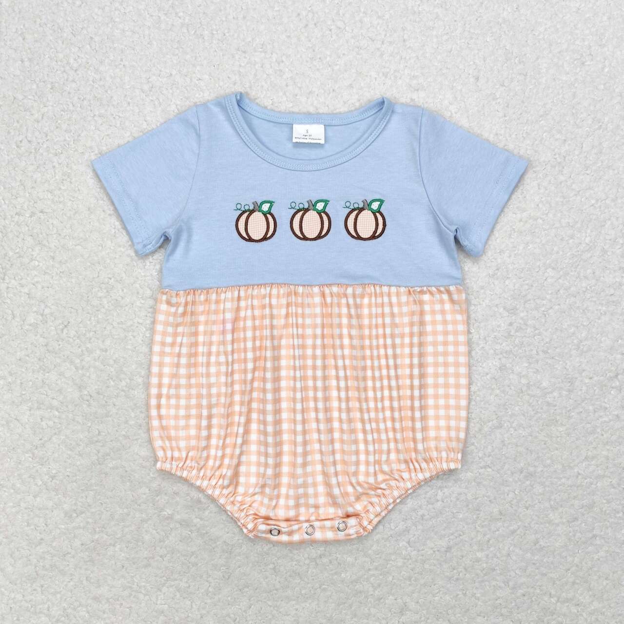 SR1711 Pumpkin Embroidery Checkered Baby Boys Fall Romper