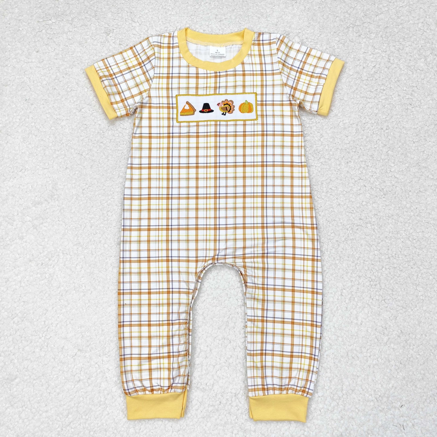 SR1869 Turkey Pie Pumpkin Embroidery Checkered Baby Boys Thanksgiving Romper