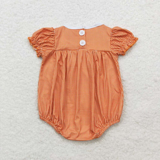 SR1879 Pumpkin Candy Embroidery Checkered Baby Girls Halloween Romper
