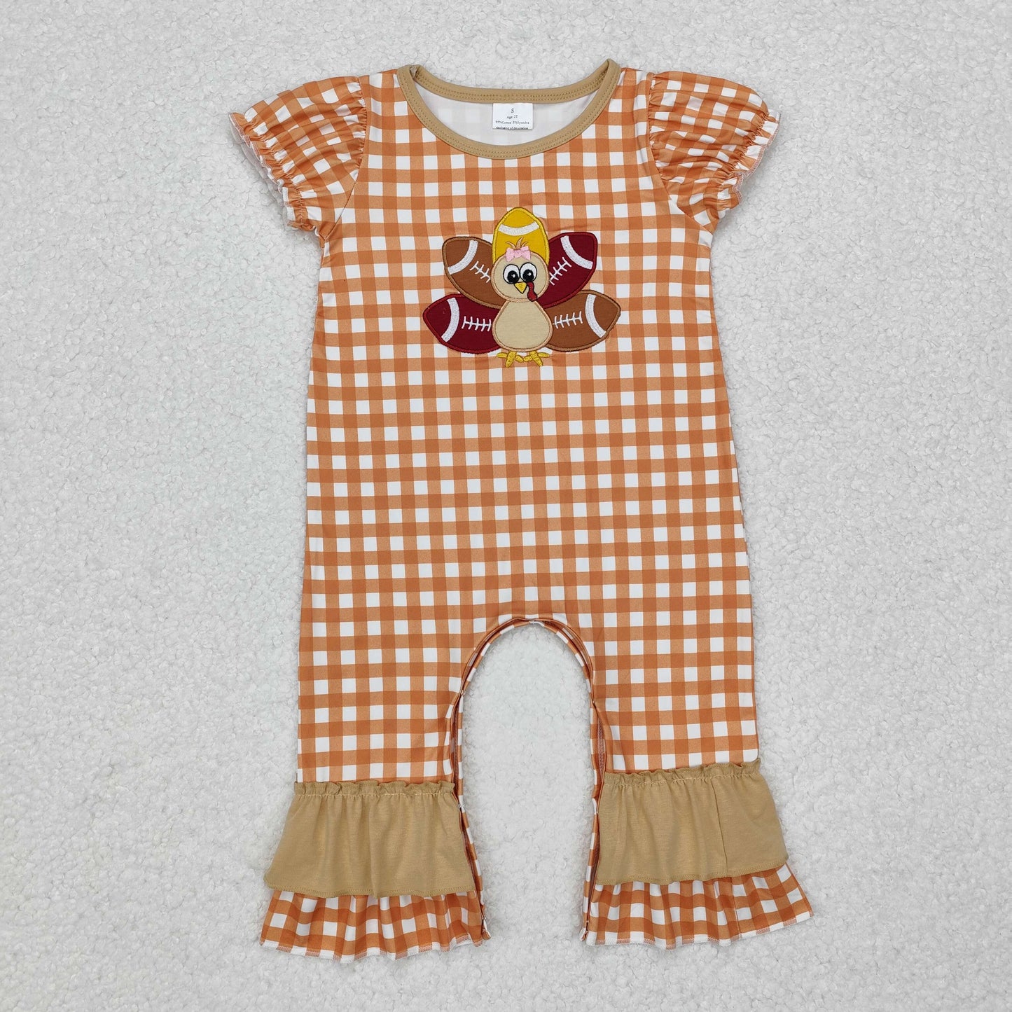 SR1886 Football Turkey Embroidery Checkered Baby Girls Thanksgiving Romper