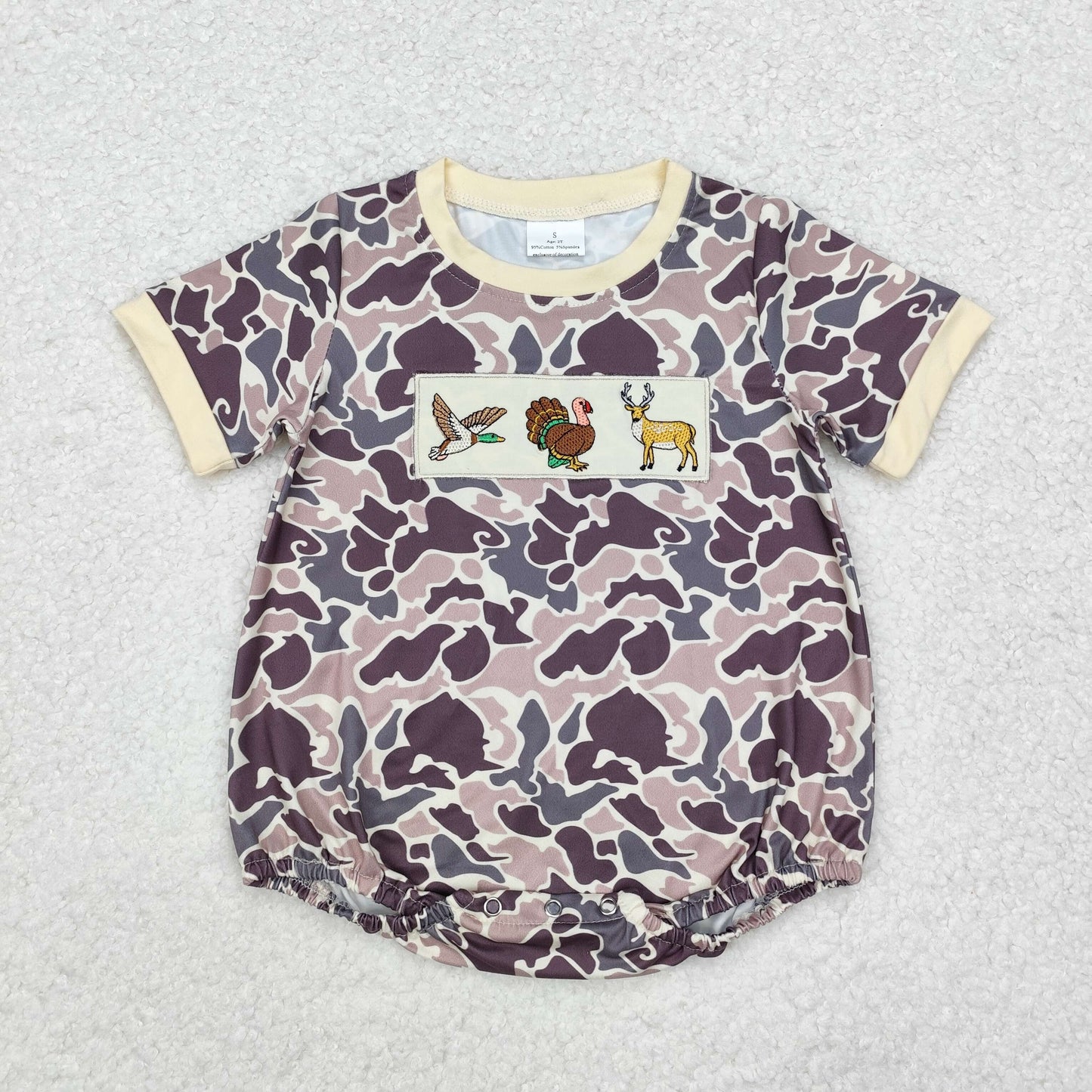 SR1902 Duck Turkey Deer Embroidery Camo Baby Boys Short Sleeve Romper