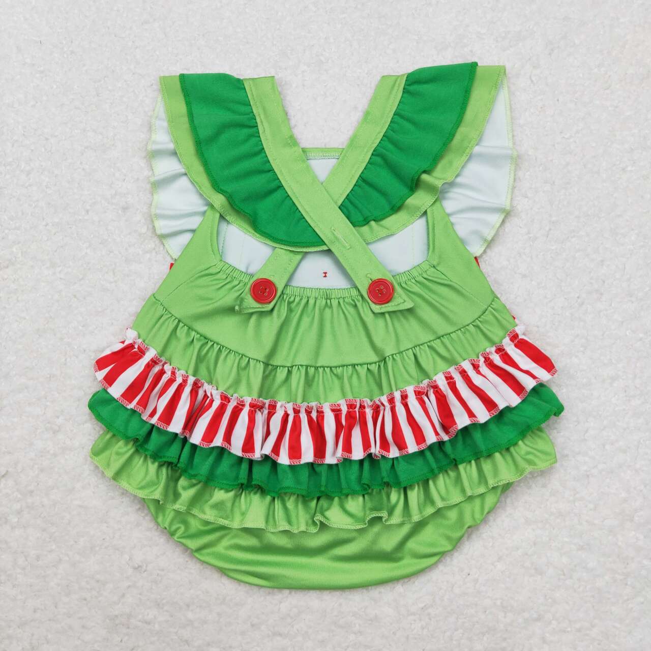 SR1912 Heart Print Baby Girls Christmas Green Ruffles Bubble Romper