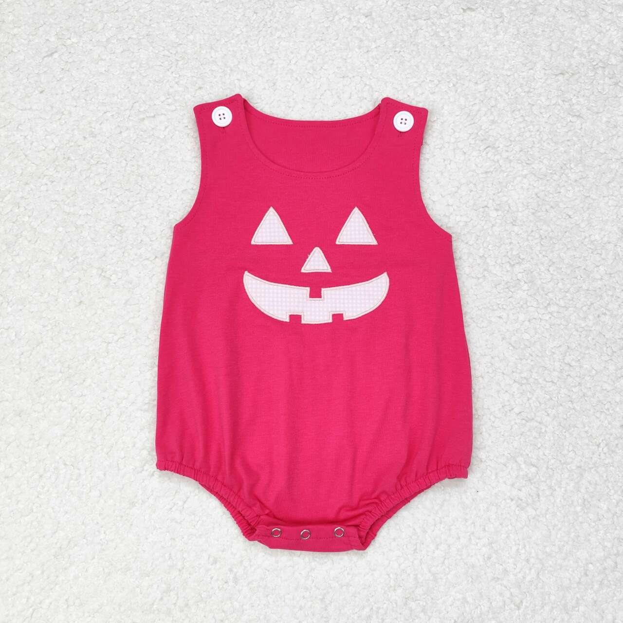 SR1925 Smiling Face Embroidery Hot Pink Cotton Baby Girls Halloween Bubble Romper