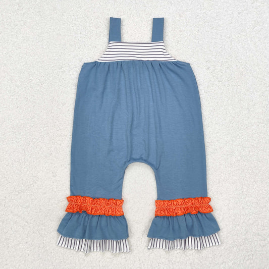 SR1952 Turkey Embroidery Blue Baby Girls Thanksgiving Ruffle Strap Jumpsuits