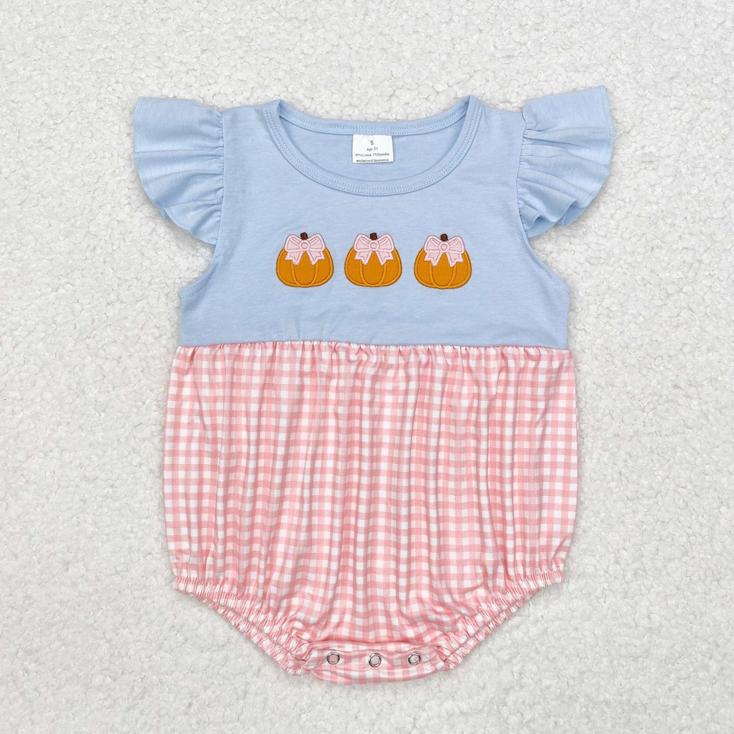SR1962 Pumpkin Bows Embroidery Pink Checkered Baby Girls Fall Romper