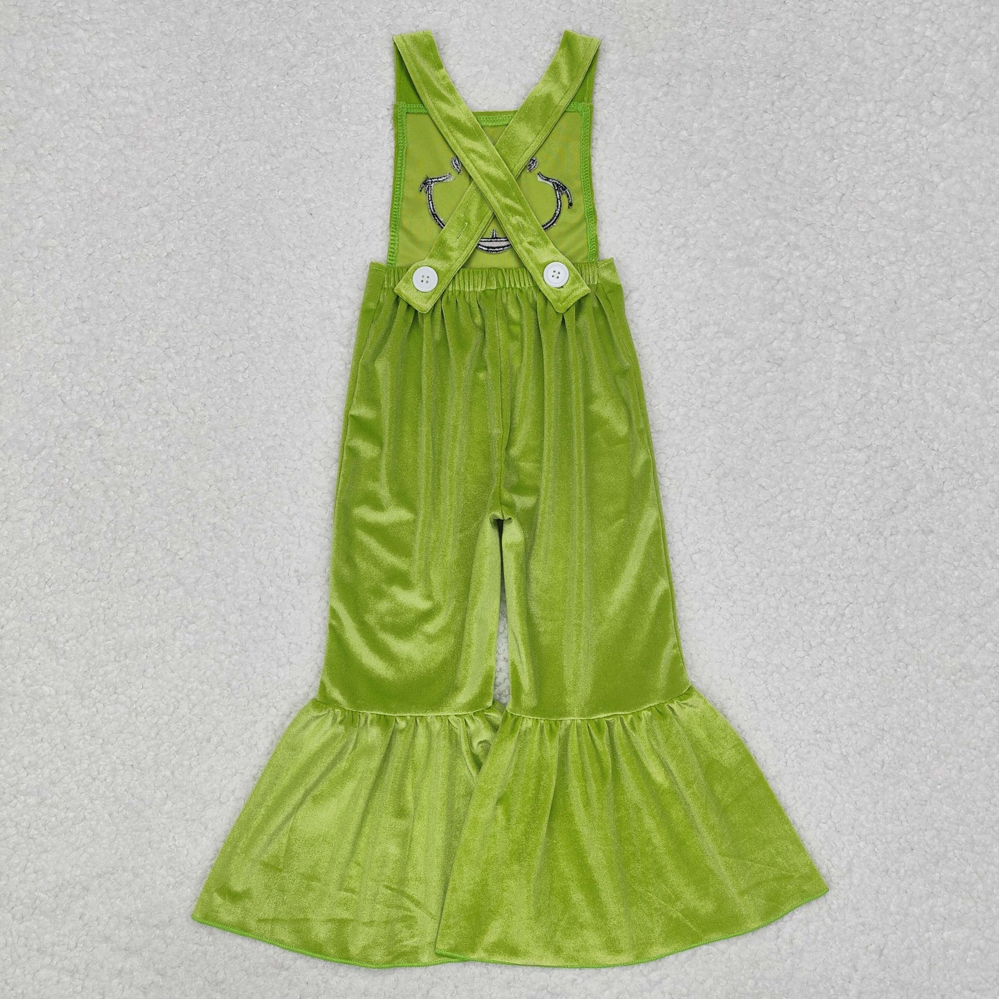 SR2013 Green Frog Smiling Embroidery Lime Velvet Baby Girls Christmas Strap Overall Jumpsuits