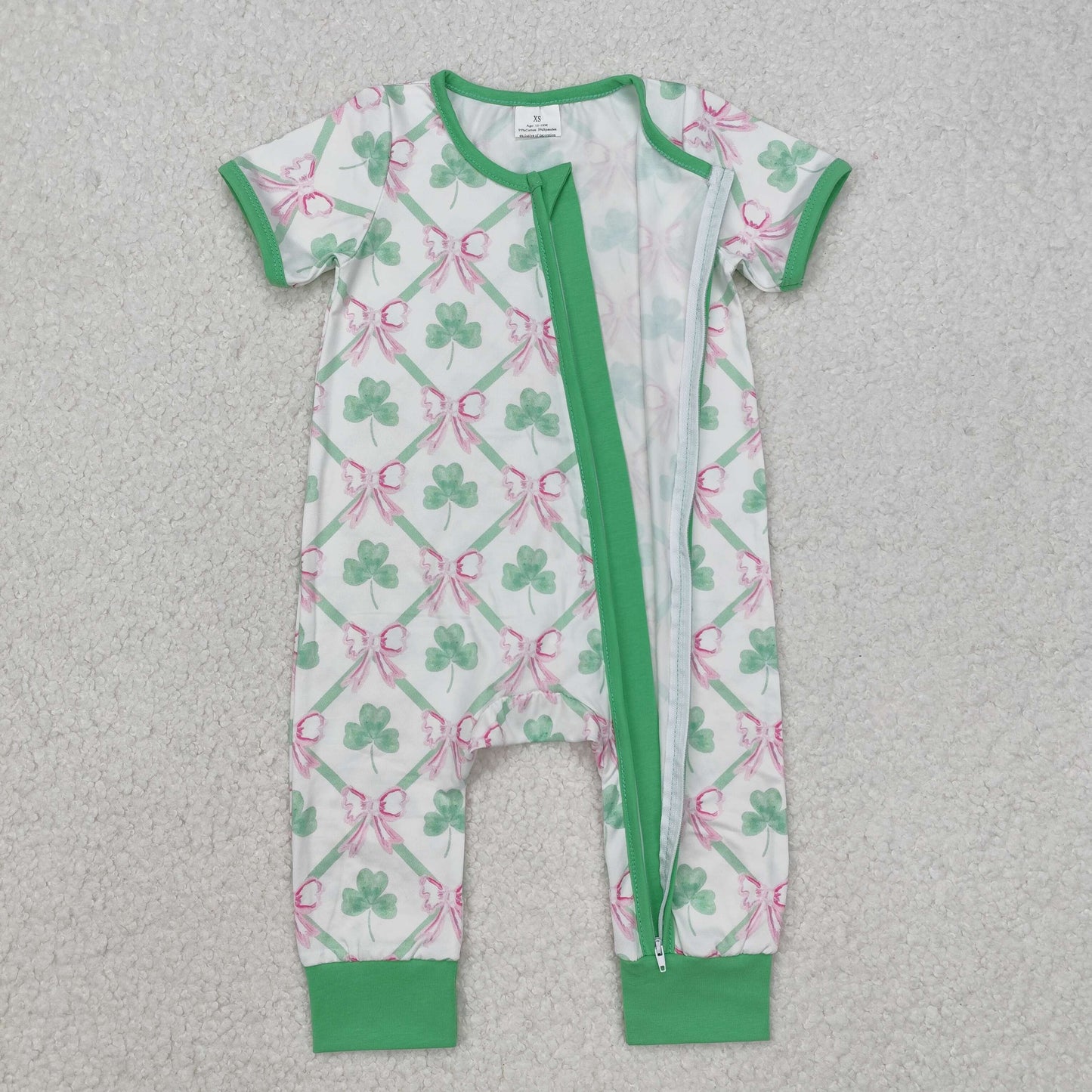 Sibling Baby Girls Clovers Bows Checked Pants Pajamas Clothes Sets Zipper Romper